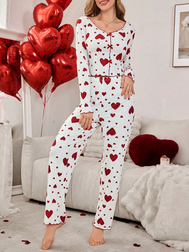 [Leve 2 Pague 1] Pijama Feminino Coração de Outono (Ideal para noites frias) + BRINDE: 1 Pantufa Nuvem Antiaderente