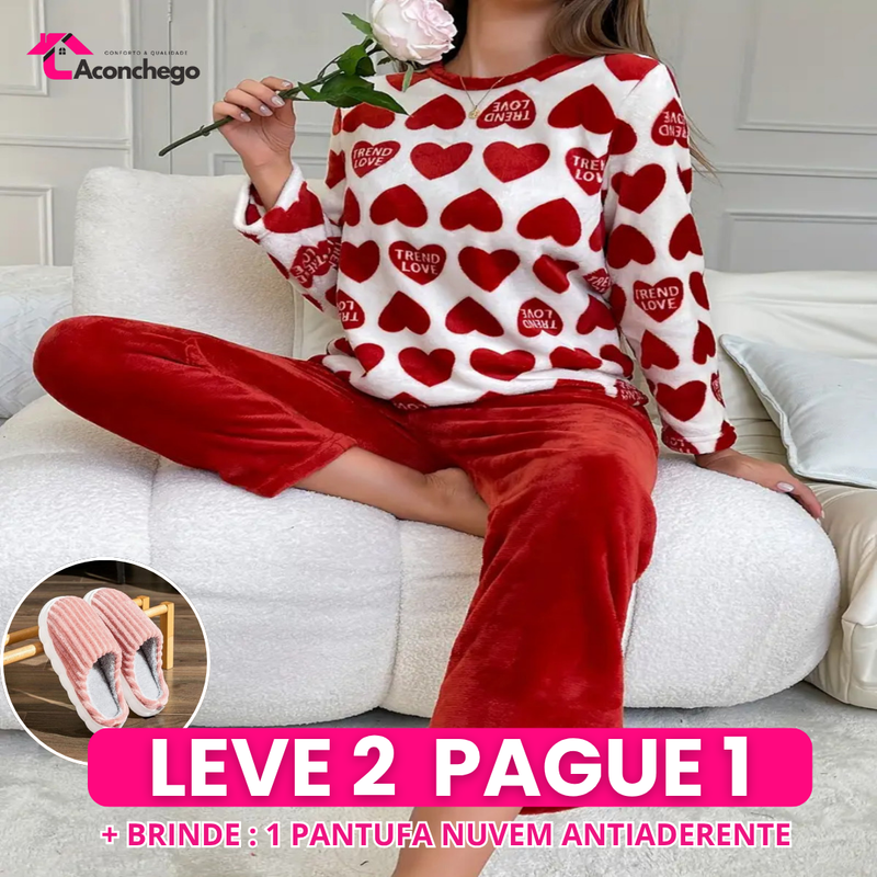 [Leve 2 Pague 1] Pijama Feminino Refúgio Quente (Aconchego total no frio) + BRINDE: 1 Pantufa Nuvem Antiaderente