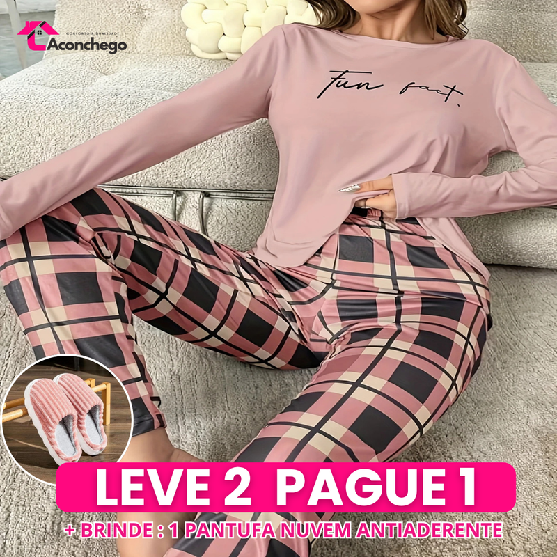 [Leve 2 Pague 1] Pijama Feminino Noite Serena (Toque quente e suave) + BRINDE: 1 Pantufa Nuvem Antiaderente