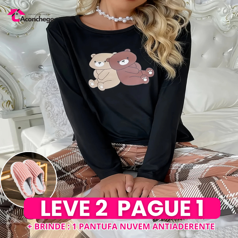 Leve 2 Pague 1] Pijama Feminino Ursinho do Inverno (Proteção e conforto térmico) + BRINDE: 1 Pantufa Antifrío + estilo para usar em casa
