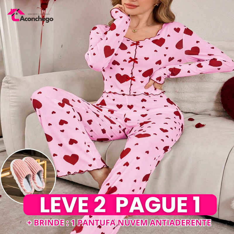[Leve 2 Pague 1] Pijama Feminino Coração de Outono (Ideal para noites frias) + BRINDE: 1 Pantufa Nuvem Antiaderente