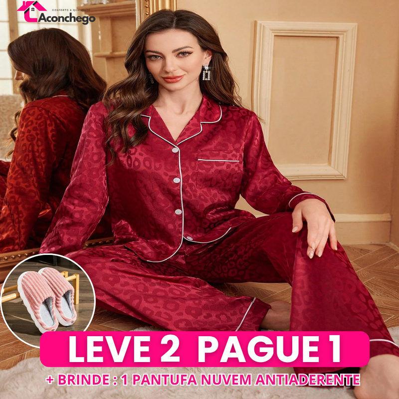 [Leve 2 Pague 1] Pijama Feminino Jacquard (Maciez que aquece) + BRINDE: 1 Pantufa Nuvem Antiaderente