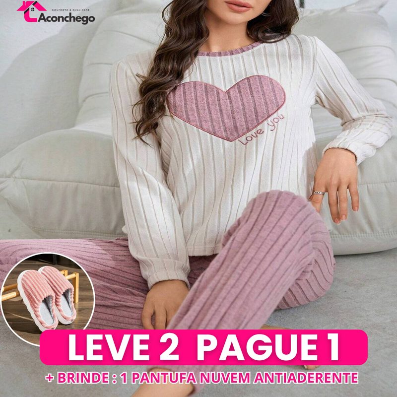 [Leve 2 Pague 1] Pijama Feminino Inverno Suave (Frescor no toque, calor por dentro) + BRINDE: 1 Pantufa Nuvem Antifrío