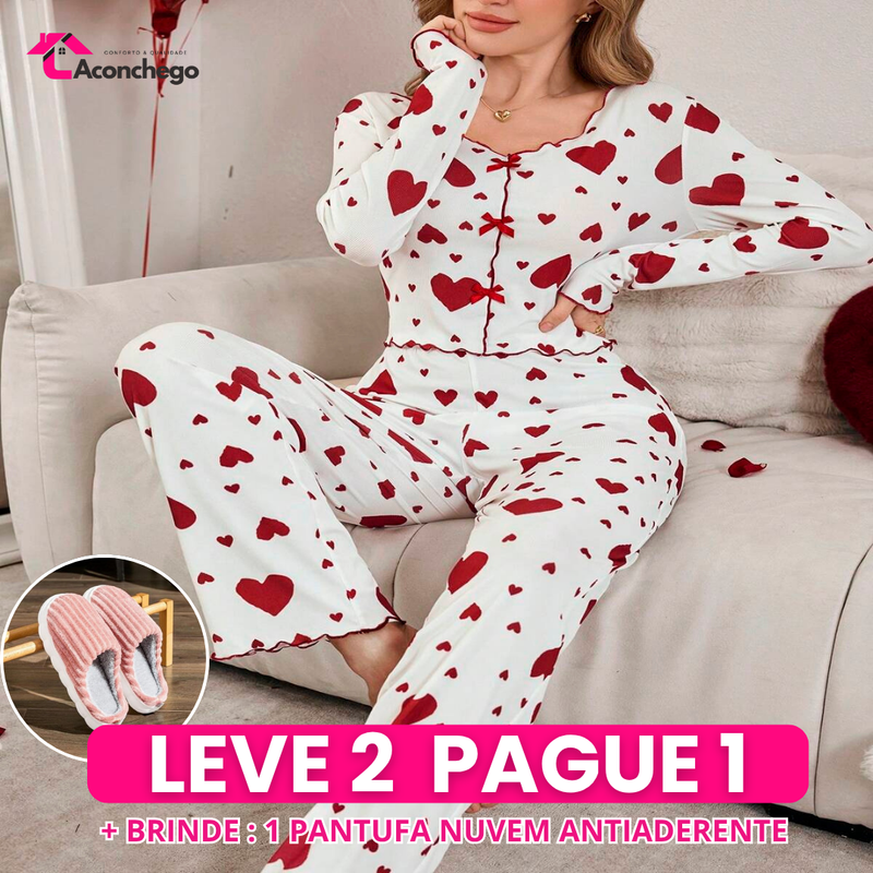 [Leve 2 Pague 1] Pijama Feminino Coração de Outono (Ideal para noites frias) + BRINDE: 1 Pantufa Nuvem Antiaderente