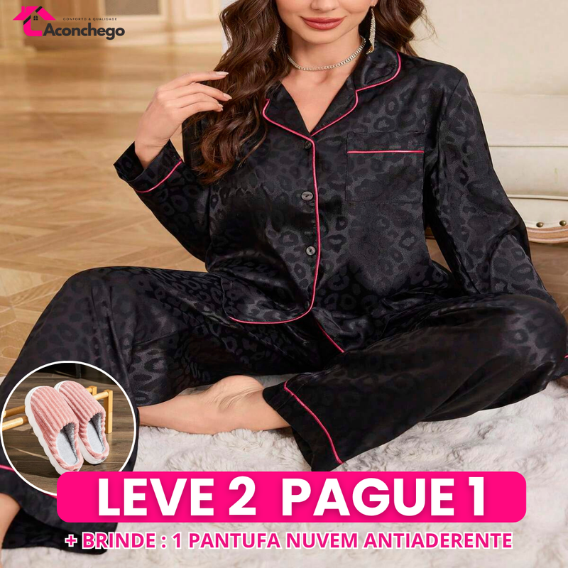 [Leve 2 Pague 1] Pijama Feminino Jacquard (Maciez que aquece) + BRINDE: 1 Pantufa Nuvem Antiaderente