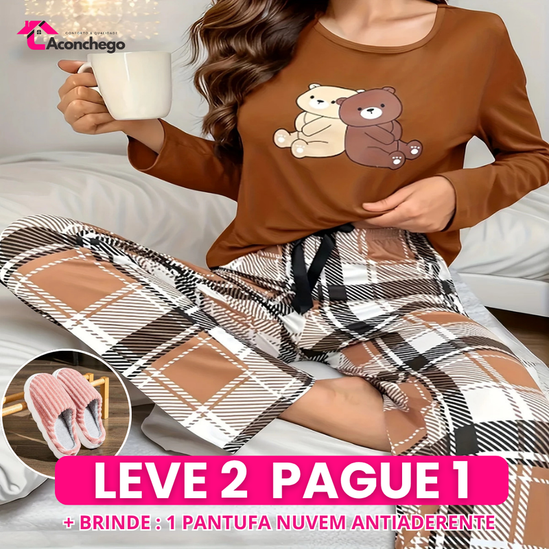 Leve 2 Pague 1] Pijama Feminino Ursinho do Inverno (Proteção e conforto térmico) + BRINDE: 1 Pantufa Antifrío + estilo para usar em casa