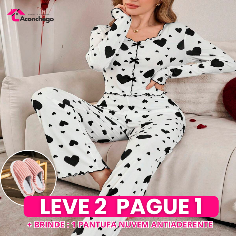 [Leve 2 Pague 1] Pijama Feminino Coração de Outono (Ideal para noites frias) + BRINDE: 1 Pantufa Nuvem Antiaderente