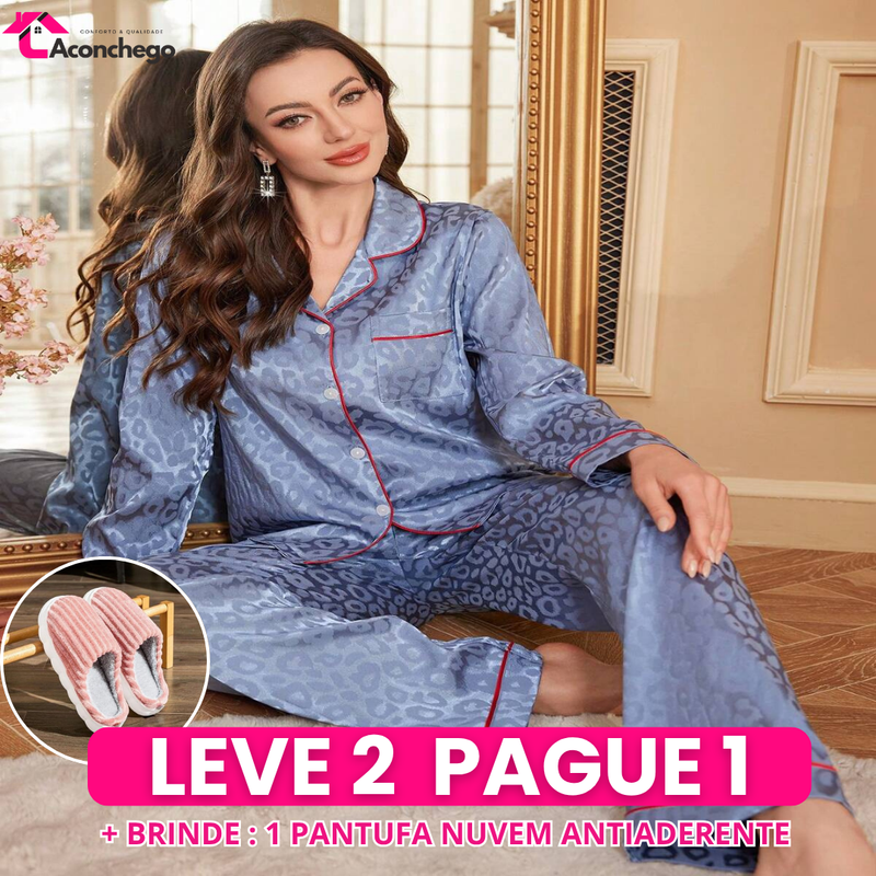 [Leve 2 Pague 1] Pijama Feminino Jacquard (Maciez que aquece) + BRINDE: 1 Pantufa Nuvem Antiaderente