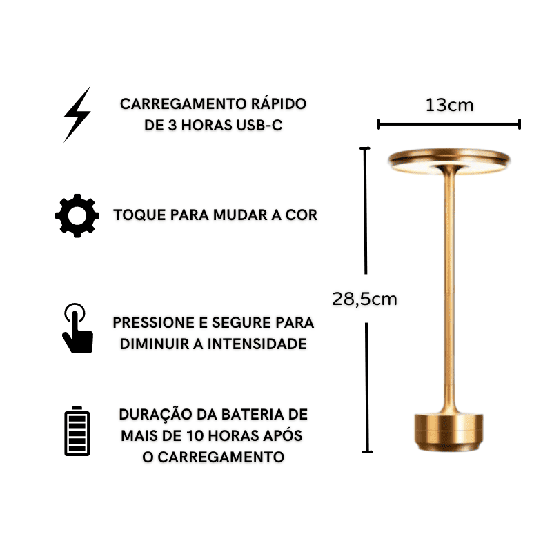 Luminária de Mesa LED Sem Fio Metal Recarregável