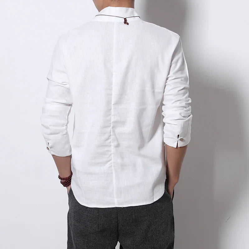 Camisa Masculina Comprida Clássica Algodão Estilo Chinês