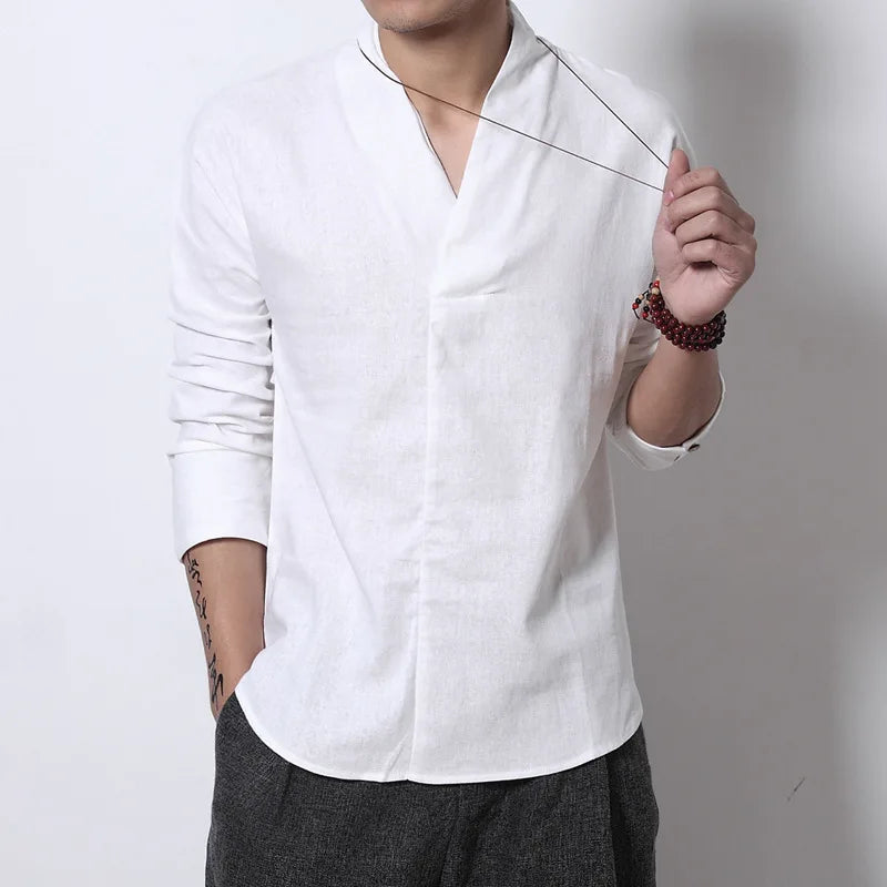Camisa Masculina Comprida Clássica Algodão Estilo Chinês