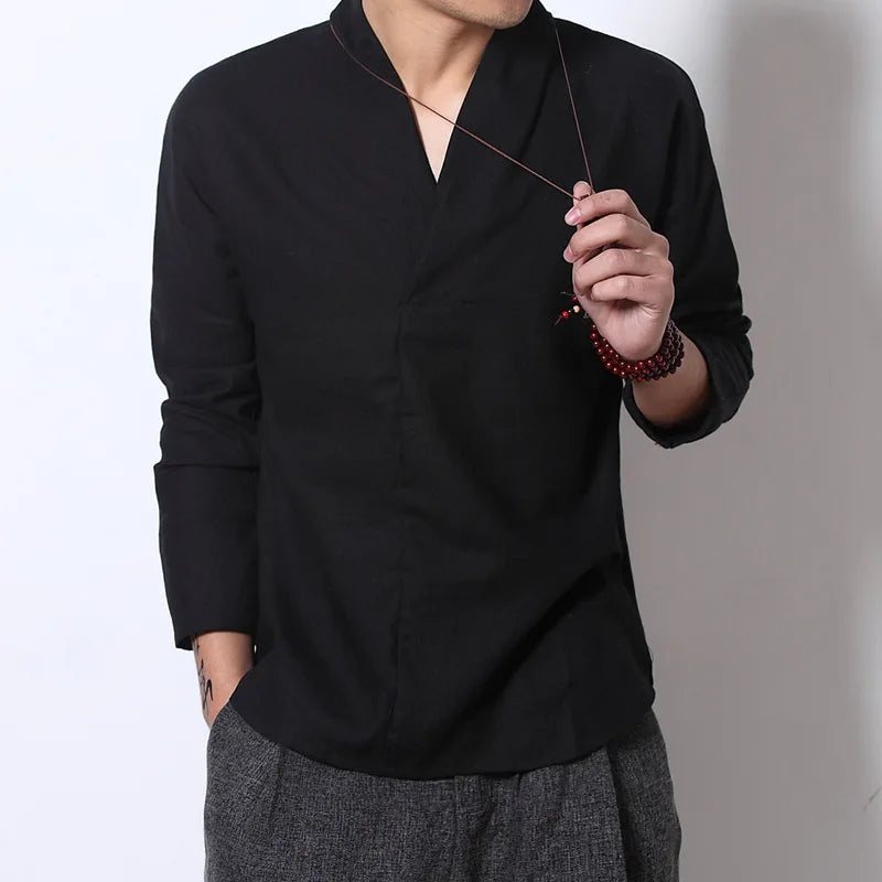 Camisa Masculina Comprida Clássica Algodão Estilo Chinês