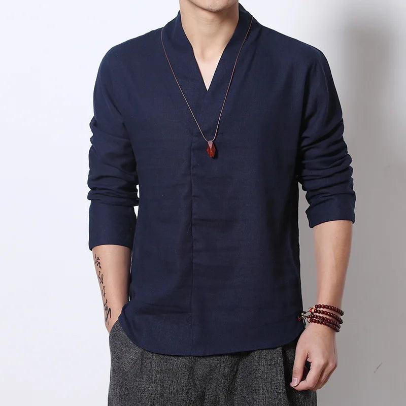 Camisa Masculina Comprida Clássica Algodão Estilo Chinês