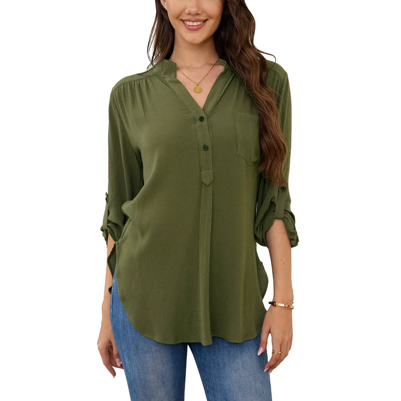 Blusa Feminina Carson de Negócios - Gola em V com Decote - Refrescante ao Calor