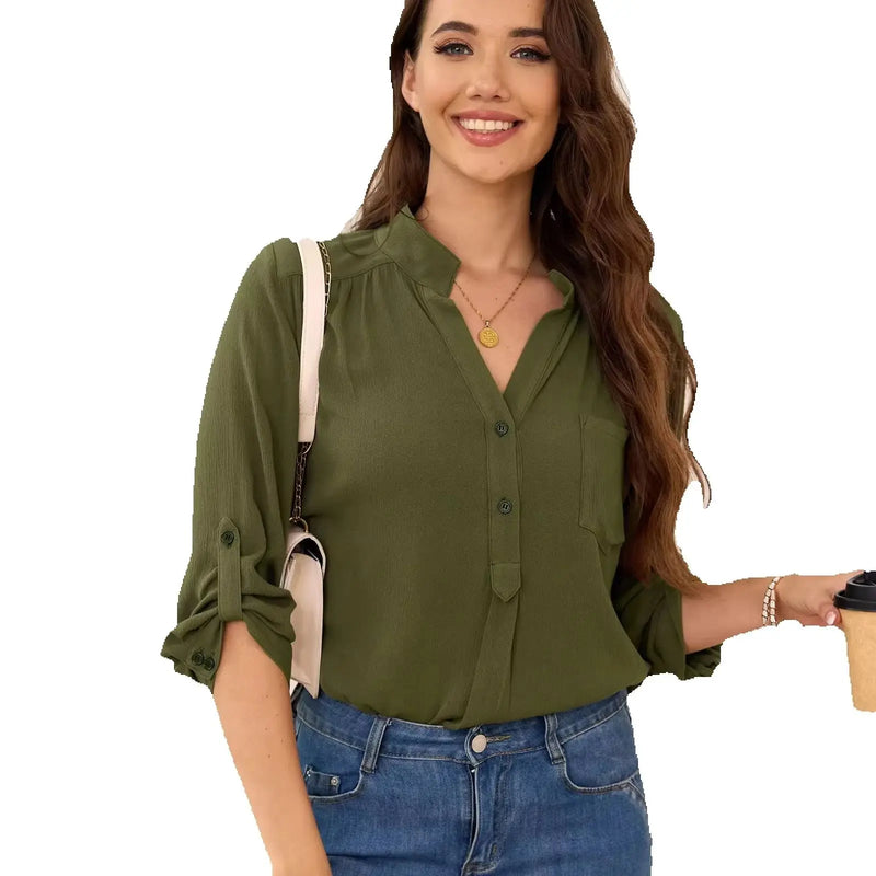 Blusa Feminina Carson de Negócios - Gola em V com Decote - Refrescante ao Calor